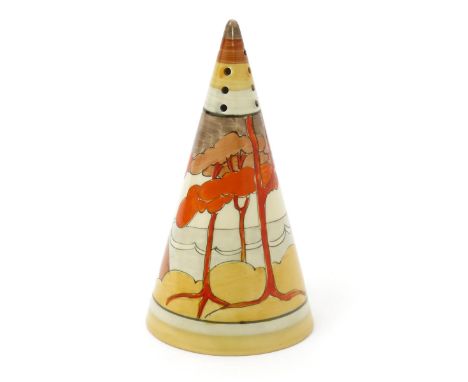 'Coral Firs' a Clarice Cliff Bizarre Conical sugar sifter, painted in colours between grey, yellow and brown bands, printed f