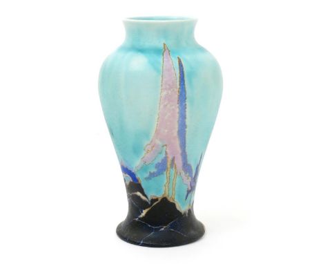 'Inspiration Caprice' a Clarice Cliff Bizarre Mei Ping vase, painted in shades of blue, pink and buff on a turquoise ground, 