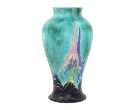 'Inspiration Caprice' a tall Clarice Cliff Bizarre Mei Ping vase, painted in shades of blue, pink, purple and ochre on a turq