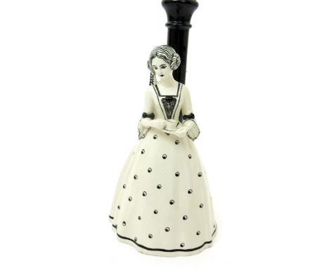 A Wiener Keramik pottery figural lamp base, in the manner of Michael Powolny, modelled as a lady in full length dress, holdin