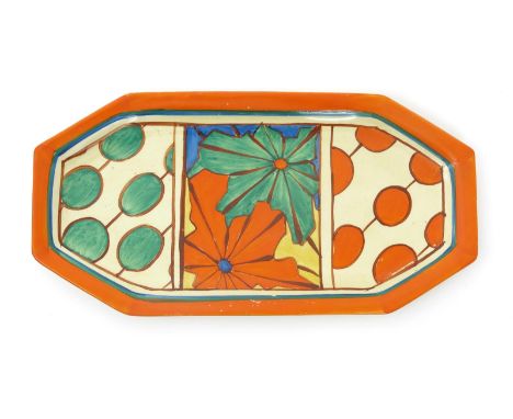 'Umbrellas and Rain' a Clarice Cliff Fantasque Bizarre tray, octagonal, painted in colours inside orange band, printed factor