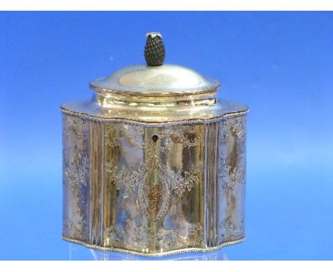 A George III Old Sheffield Plated Tea Caddy, c.1780, of lobed form, with beaded edges, chased with swags of foliate decoratio