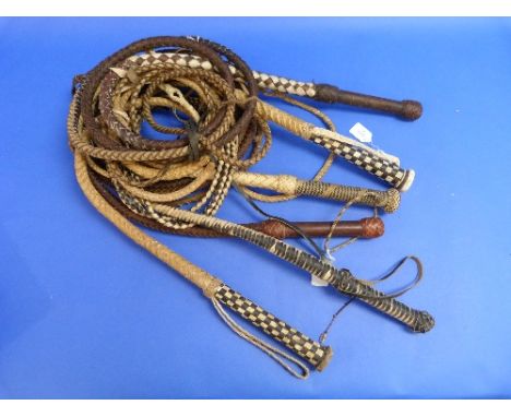 Two Vintage Swivel Handle Bull Whips, together with three woven handled and one plaited handle bullwhips (6)