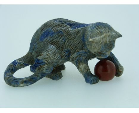 A Lapis Lazuli and Jasper Cat Carving, from the Idar-Oberstein area, Germany; by Manfred Gettmann, at his studio at Neiderwor