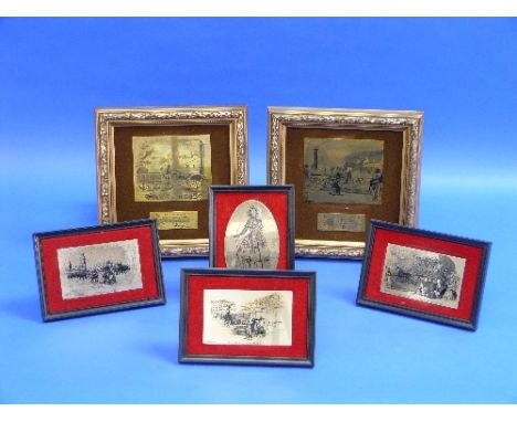 A set of six framed decorative silver Plaques, by The Birmingham Mint, hallmarked Birmingham 1979, each depicting a vintage m