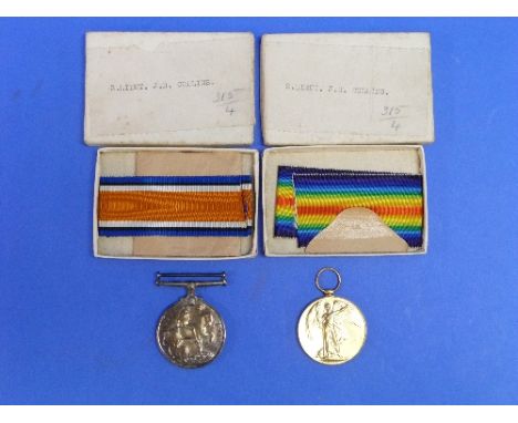 A W.W.1 pair of British War and Victory medals, to 2 Lieut. J. H. Collins (The Prince of Wales' Own - West Yorkshire Regiment