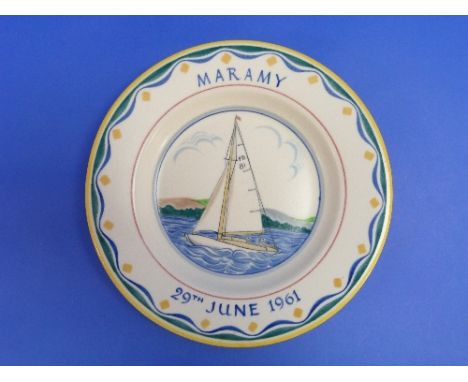 A Poole Pottery Ship Plate, painted by Ruth Pavely, depicting the yacht "Maramy" FB81 and dated 29th June 1961 within a wavy 