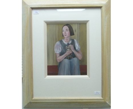 •Jo Dixon (British, 20th century), Lady seated with kitten, oil on board, signed, 13½in x 10½in (34.25cm x 26.5cm), framed, t