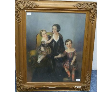 19thC Scottish School, portrait of Mrs MacIver with her sons, coloured pastels on paper, bears typed label verso inscribed 'M