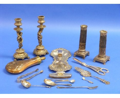 A pair of early 19thC silver plated column Candlesticks, in a Gustavian style, with neoclassical columns on a square base, 6i