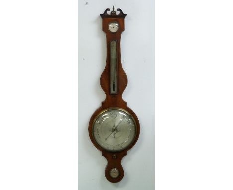 A George III mahogany wheel Barometer, by J. Dubini, Cross St., Hatt'n Gdn., London, the silvered dial surmounted by an arche