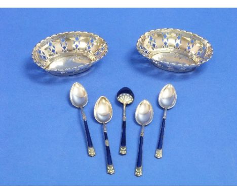 A set of five silver and enamel Coffee Spoons,  enamel damaged, marked 925, together with a pair of small silver pierced oval