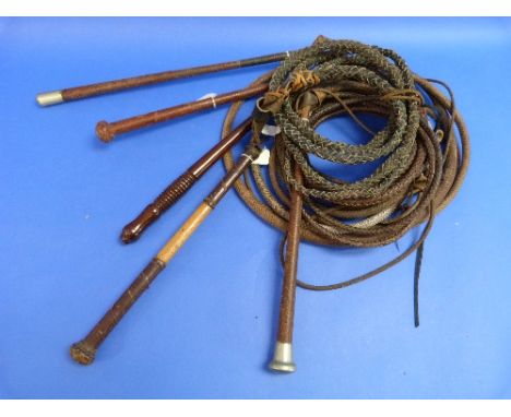 A Vintage leather Stock Whip, with weighted wood and leather bound handle, together with four other stock whips (5)