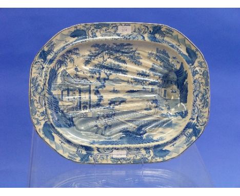 A 19th century Staffordshire meat Dish, transfer printed in blue in the oriental style, marked "Wear Fo" in the print, 20½in 