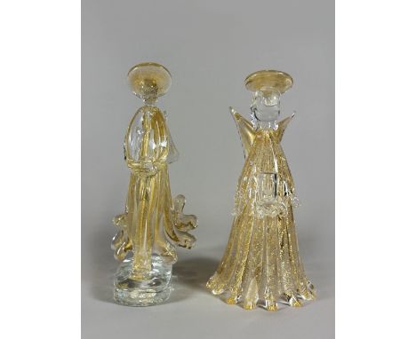 Paar Engel Kerzenhalter, Murano, Glas, ca. 1980er, Golddekor, H.: ca. 22 cm. Guter, altersbedingter Zustand, Goldabrieb.