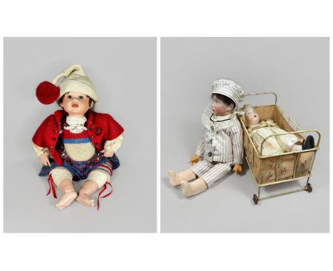  Puppe mit Porzellanköpfe Konvolut, 3 tlg, 2 Jungen und ein Mädchen, Das Mädchen mit Kinderbett, Größe von 21 bis 41 cm, bekl