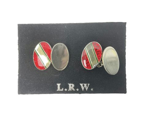 Pair of silver red enamel cufflinks, hallmarked 