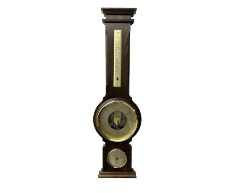 20th century oak cased Aneroid barometer with thermometer and hygonometer.