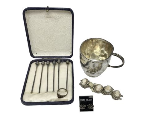 Set of six silver plated cocktail sticks, with acorn finials, hallmarked silver christening cup, silver ring and earrings and