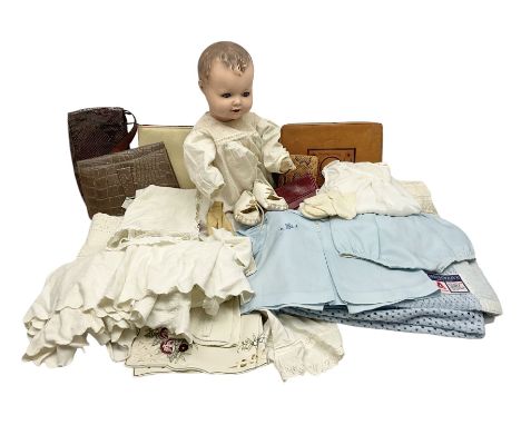 Armand Marseille doll with composite head, vintage handbags, Melissa compact mirror and vintage childs clothing