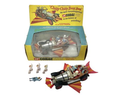 Corgi - two Chitty Chitty Bang Bang 266 die-cast model cars, one in original box, with spare Caractacus and Truly figures
