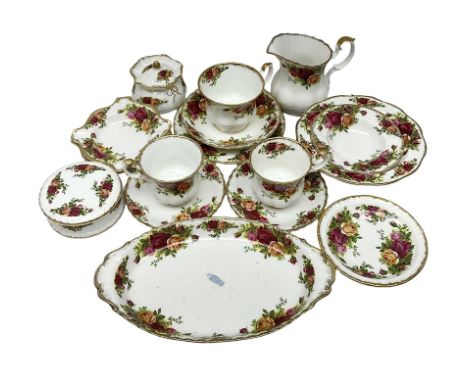 Royal Albert Old Country Roses pattern, including teacups and saucers, milk jug, trinket dishes etc 