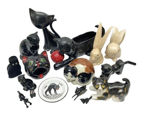 Two Sylvac rabbit figures and a collection of cat ceramics and collectables including planter, string dispenser, etc 