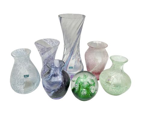 Six Caithness coloured glass vases, together with a glass paperweight with bubble inclusions, tallest vase H19cm