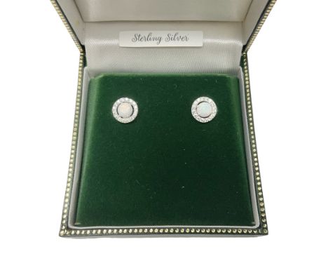 Pair of silver opal and cubic zirconia stud earrings, stamped 925, boxed 