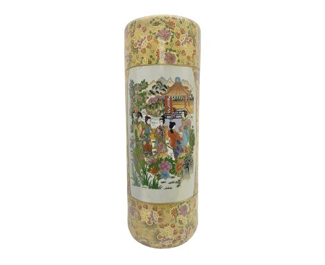 Modern Japanese ceramic umbrella stand, decorated with a figural panel on a yellow floral ground, H60cm