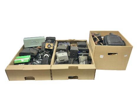 Collection of cameras and equipment, to include folding cameras, polaroid, camera cases etc, in three boxes  