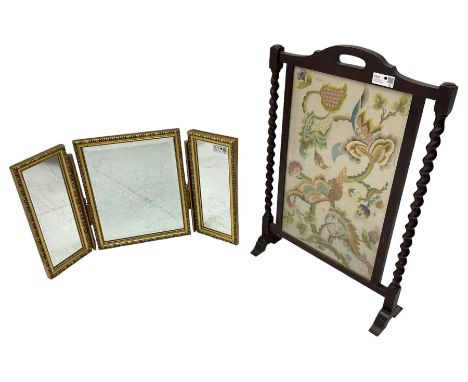 Early 20th century oak fire screen, crewel work panel enclosed by spiral turned uprights (W61cm, H90cm); together with a gilt