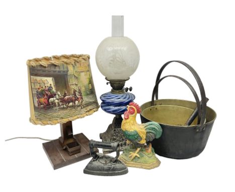 Two Jam pans, together with oil lamp, table lamp etc 