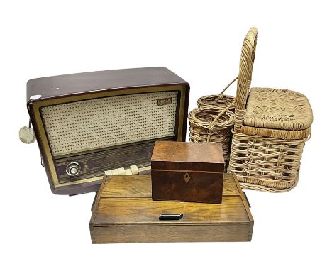Early 20th century burr walnut tea caddy, Art Deco wooden box, wicker basket with bottle holders and a 1950s Stella radiogram