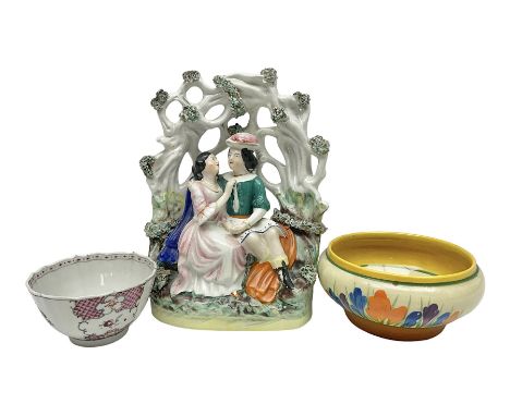 20th century Clarice Cliff Bizarre Crocus pattern bowl, printed marks beneath, D13cm, Staffordshire figure group, and a small