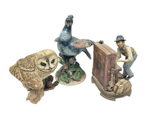 Capodimonte figure, modelled as a bird upon a perch, together with a Country Artists Tawny owl figure and a figure modelled a