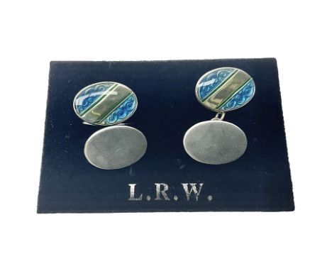 Pair of silver blue enamel cufflinks, hallmarked 