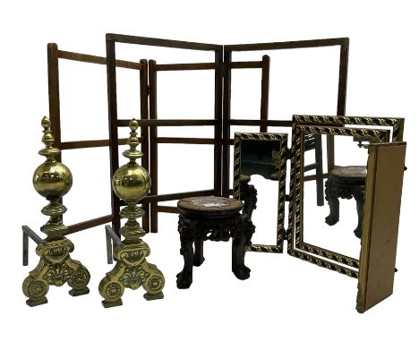 Pair of brass fire dogs of globular final form; small early 20th century Chinese hardwood and marble urn stand (D); two cloth