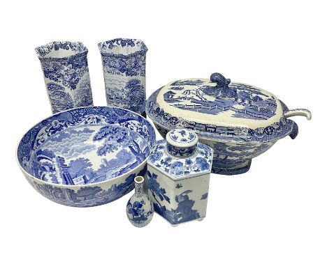 Large blue and white twin handled tureen with cover, Copeland Spode bowl, oriental blue and white jar and cover and a pair of