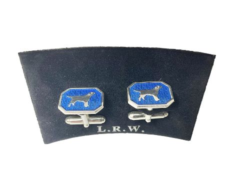 Pair of silver blue enamel dog cufflinks, hallmarked