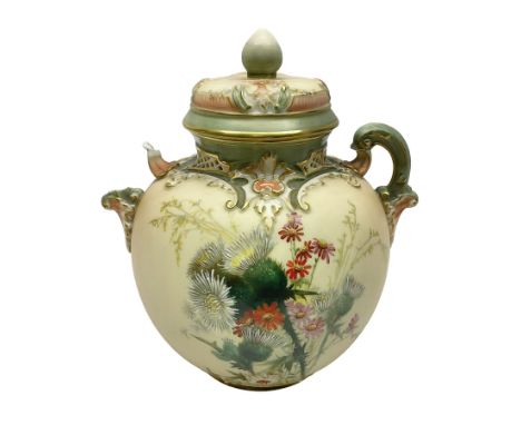 Royal Worcester blush ivory jar and cover, painted with flowers, H16cmCondition Report:One handle broken