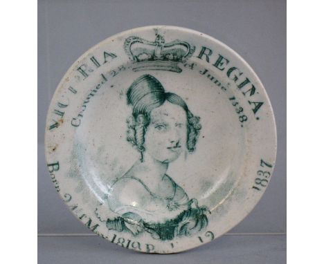 A 19th Century pearlware Queen Victoria Coronation commemorative nursery plate, transfer printed in green with a named and da