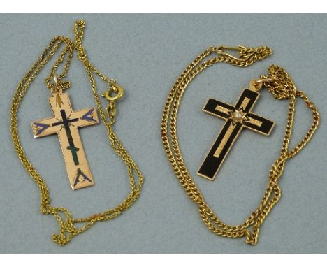 A Russian pendant cross, of pearl set black enamelled and engine turned form, marked 585, 4cm high and another Russian enamel