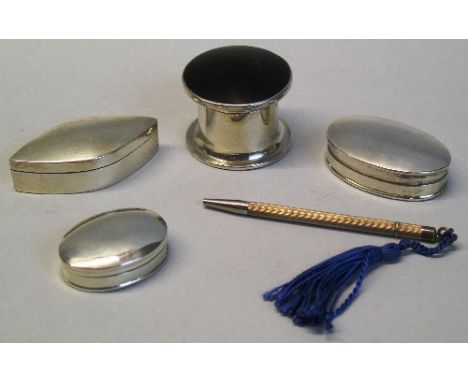 A box, of drum shaped form with slightly domed tortoiseshell lift off lid, 4cm diameter, Birmingham 1919, a graduated pair of