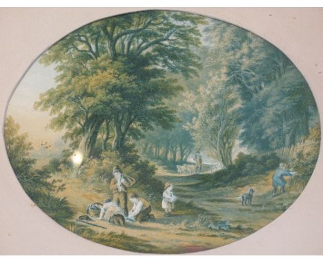 19th Century School, Baxter style colour prints of boys fishing in a stream and children playing in a country lane, pair, ova