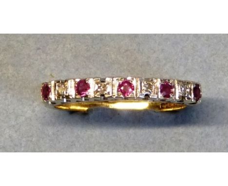 A ruby and diamond eternity ring, half hoop with alternate set stones on 9ct gold shank, size U