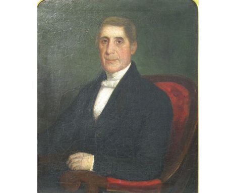 19th Century School, half length portrait of Thomas Robinson, seated in a chair, unsigned oil, titled on frame, counter title
