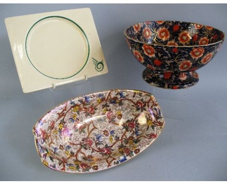 A Wilkinson Limited Clarice Cliff Biarritz plate, of oblong form with green scrolling motif to one corner, 23cm wide, a Ridgw