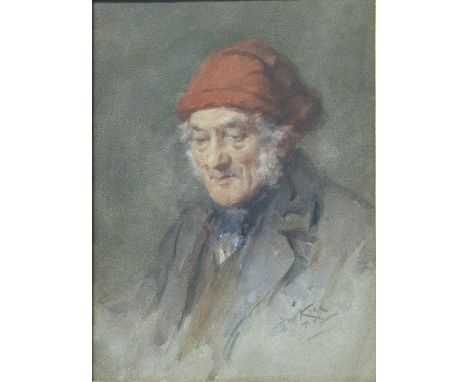H W Kerr (19th/20th Century), half length portrait of an elderly man wearing a red hat, signed watercolour, 40cm x 30cm, parc