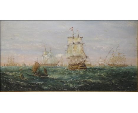19th Century School, numerous sailing vessels including gun ships at sea, unsigned oil on metal panel, 17.5cm x 34.5cm, gilt 